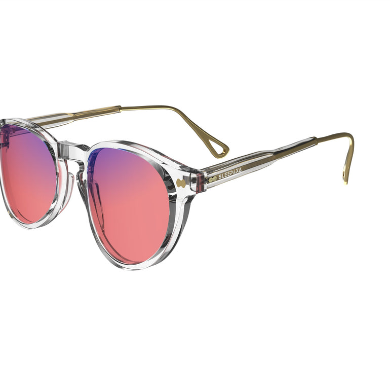 Side view of Sleepaxa FL-41 glasses for migraine and light sensitivity, featuring a round-shaped frame made from premium acetate, rose-tinted lenses, and metal temples