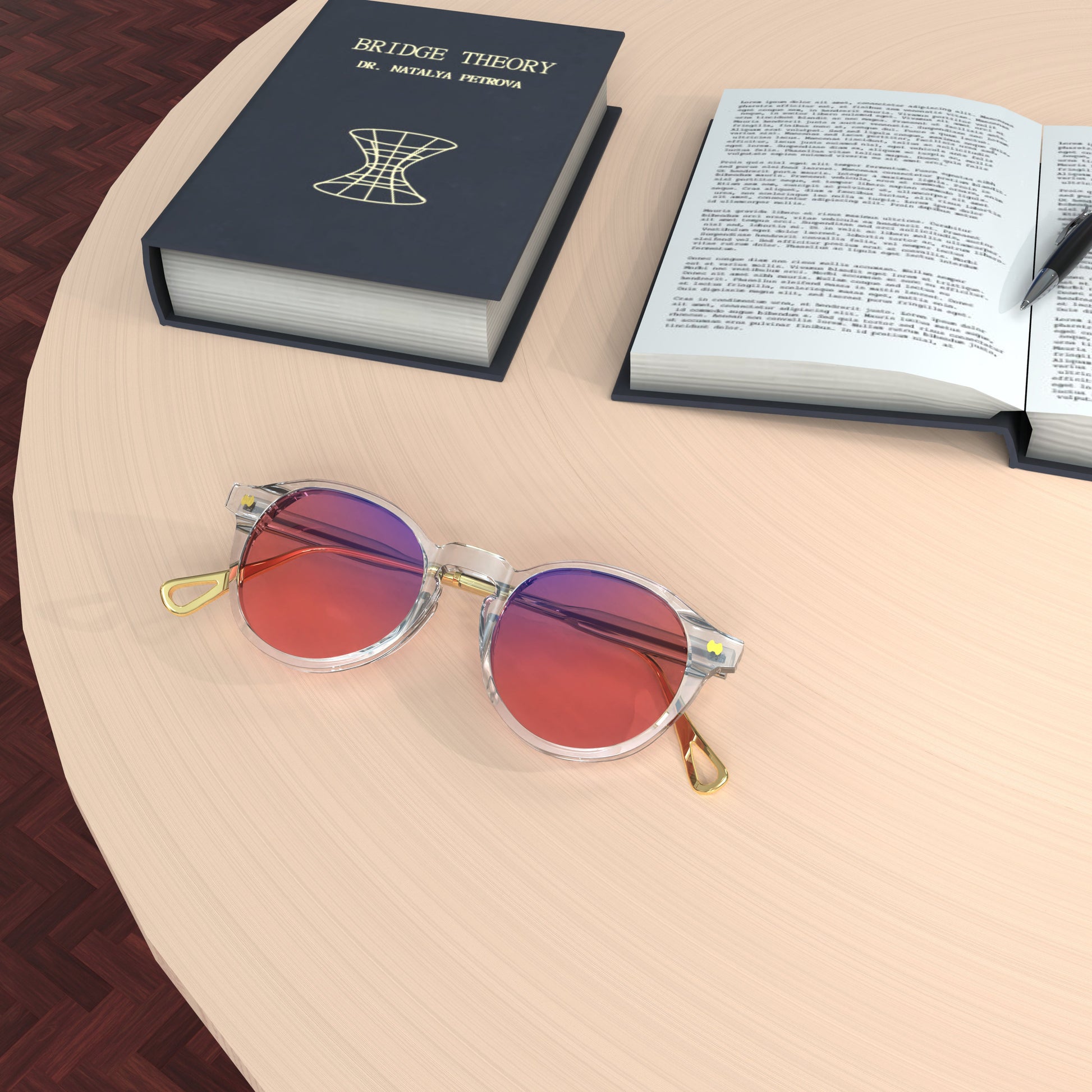 Top Lifestyle View of Sleepaxa Mosaic FL-41 glasses for migraine and light sensitivity, featuring a round-shaped frame made from premium acetate, rose-tinted lenses, and metal temples