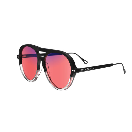 Side View of Sleepaxa Opulent Carbon FL-41 Migraine Glasses with Carbon Grey frame, Acetate temples, arties , designed with smooth high-quality rose-tinted lenses with blue block and blue anti reflection property Premium Acetate frame material for Migraine & Light Sensitivity