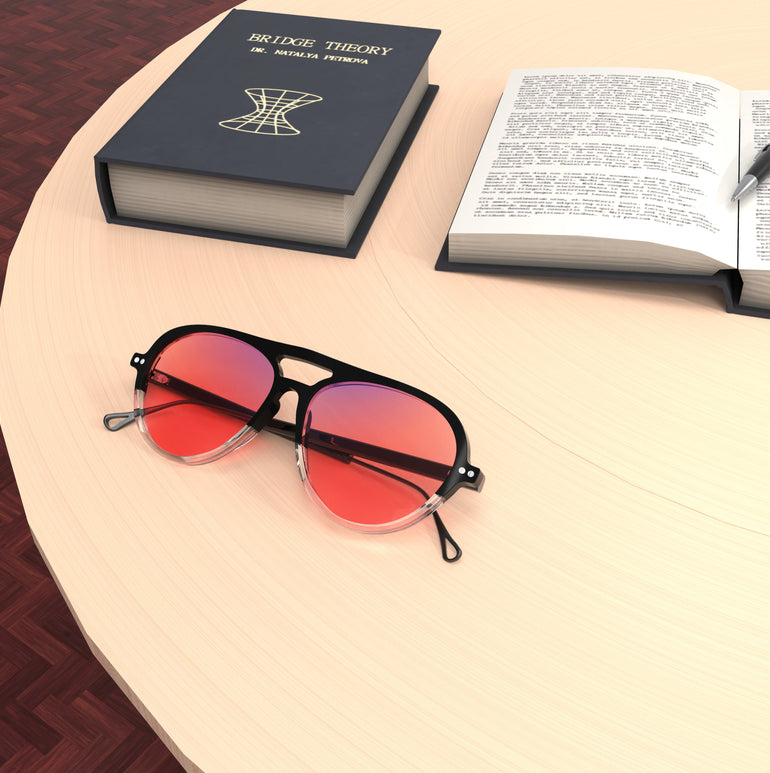 Lifestyle Lenses View of Sleepaxa Opulent Carbon FL-41 Migraine Glasses with Carbon Grey frame, Acetate temples, arties , designed with smooth high-quality rose-tinted lenses with blue block and blue anti reflection property Premium Acetate frame material for Migraine & Light Sensitivity