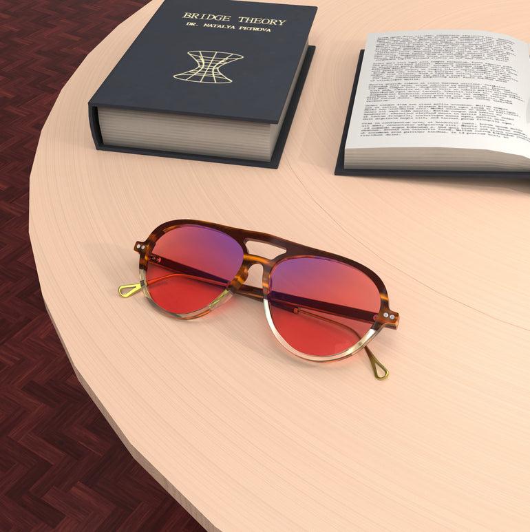 Lifestyle Lenses View of Sleepaxa Opulent Otter FL-41 Migraine Glasses with Otter Brown frame, Acetate temples, arties , designed with smooth high-quality rose-tinted lenses with blue block and blue anti reflection property Premium Acetate frame material for Migraine & Light Sensitivity