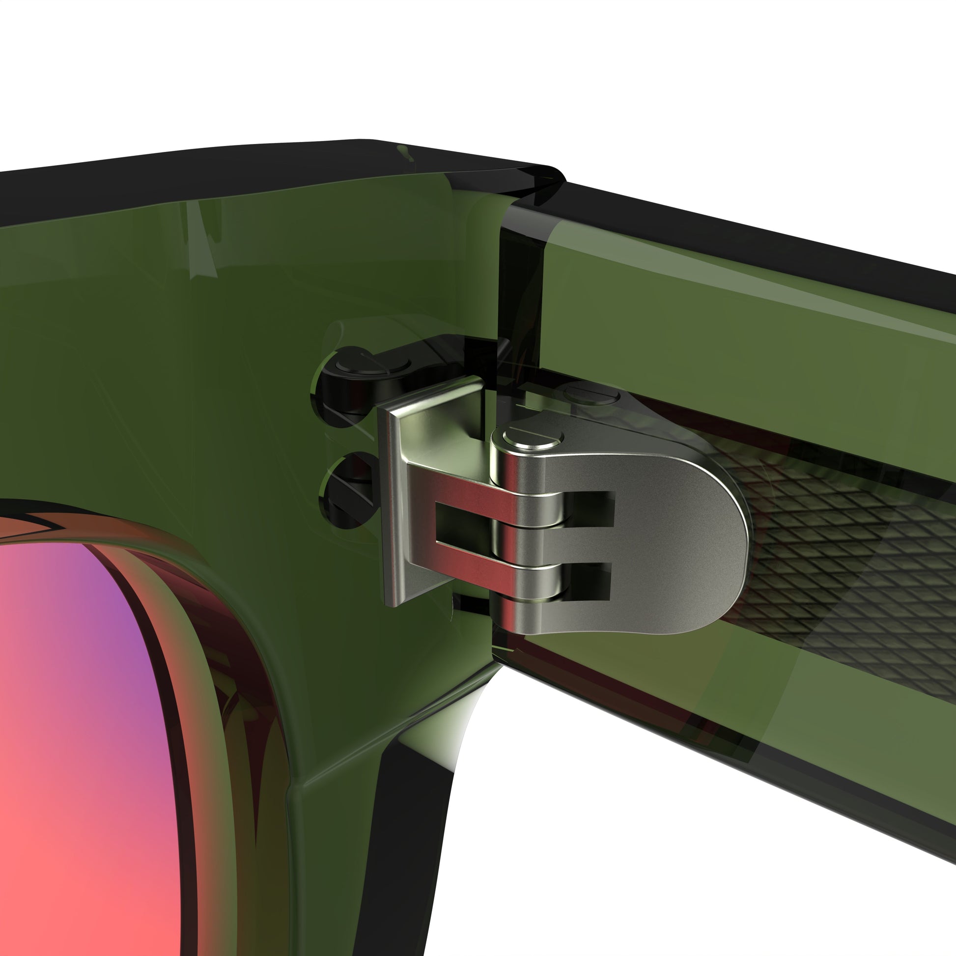 Inner Lense View of Sleepaxa Orion Rifle FL-41 Migraine Glasses with black frame, Acetate temples, and rose-tinted lenses with blue block and blue anti reflection properties , designed with smooth high-quality Acetate frame material for Migraine & Light Sensitivity