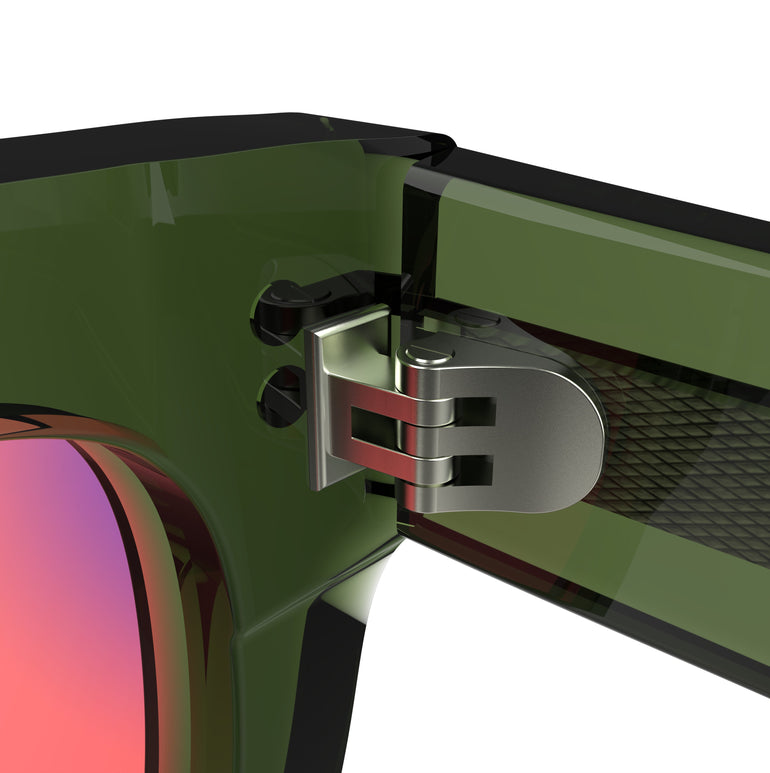 Inner Lense View of Sleepaxa Orion Rifle FL-41 Migraine Glasses with black frame, Acetate temples, and rose-tinted lenses with blue block and blue anti reflection properties , designed with smooth high-quality Acetate frame material for Migraine & Light Sensitivity