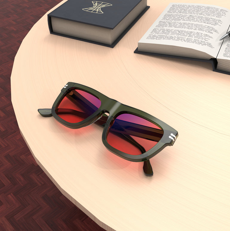 Lifestyle Lenses View of Sleepaxa Orion Rifle FL-41 Migraine Glasses with black frame, Acetate temples, and rose-tinted lenses with blue block and blue anti reflection properties , designed with smooth high-quality Acetate frame material for Migraine & Light Sensitivity