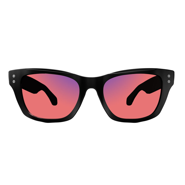 Front View of Sleepaxa Panache FL-41 Migraine Glasses with black frame, Acetate temples, and rose-tinted lenses with blue block and blue anti reflection properties , designed with smooth high-quality Acetate frame material for Migraine & Light Sensitivity