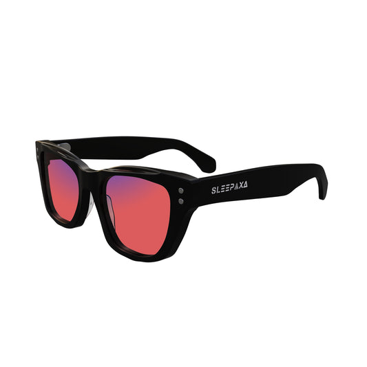 Side View of Sleepaxa Panache FL-41 Migraine Glasses with black frame, Acetate temples, and rose-tinted lenses with blue block and blue anti reflection properties , designed with smooth high-quality Acetate frame material for Migraine & Light Sensitivity