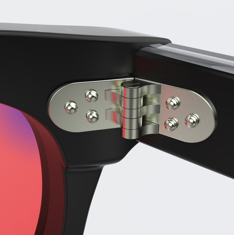 Inner Lense view of Sleepaxa Seraphic FL-41 Migraine Glasses with black frame, Acetate temples, and rose-tinted lenses with blue block and blue anti reflection properties , designed with smooth high-quality Acetate frame material for Migraine & Light Sensitivity