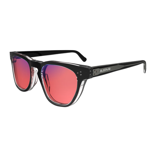 Side View of Sleepaxa Seraphic FL-41 Migraine Glasses with black frame, Acetate temples, and rose-tinted lenses with blue block and blue anti reflection properties , designed with smooth high-quality Acetate frame material for Migraine & Light Sensitivity