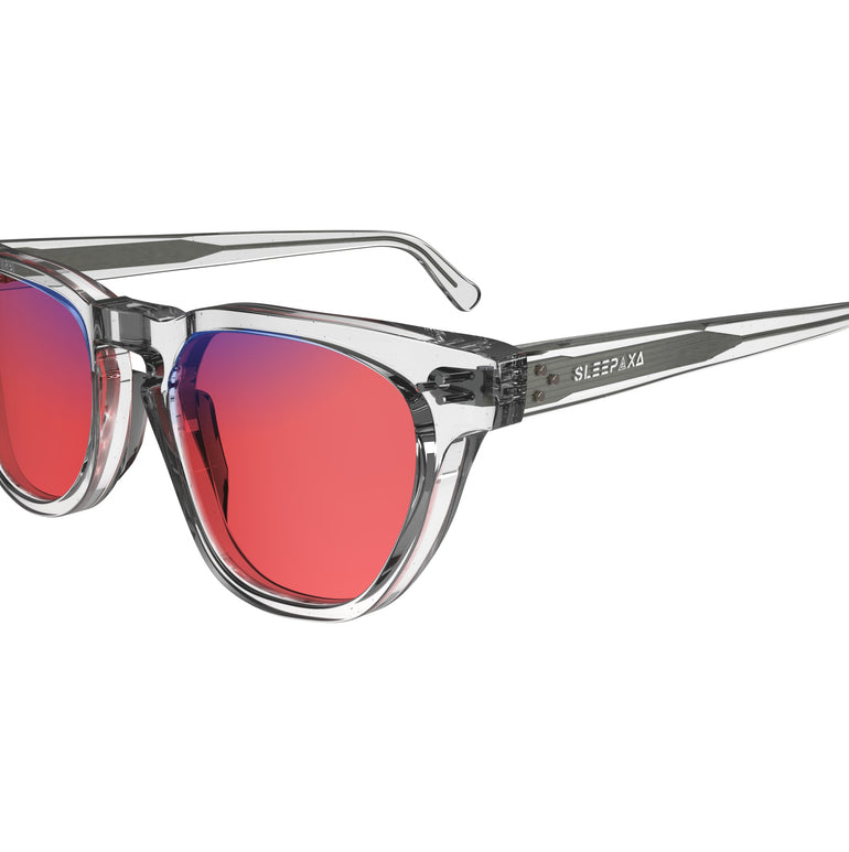 Side View of Sleepaxa Seraphic Lucid Clear FL-41 Migraine Glasses with Transparent frame, Acetate temples, and rose-tinted lenses with blue block and blue anti reflection properties , designed with smooth high-quality Acetate frame material for Migraine & Light Sensitivity